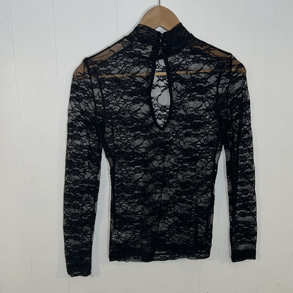 Nasty Gal Funnel Neck Lace Sheer Long Sleeve Top Keyhole Back with Button Detail - Picture 6 of 10